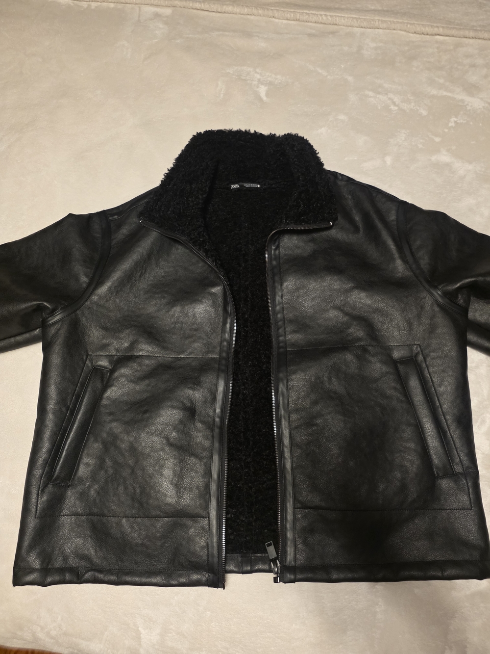 Zara Black Faux Leather Bomber Jacket with Shearling Lining